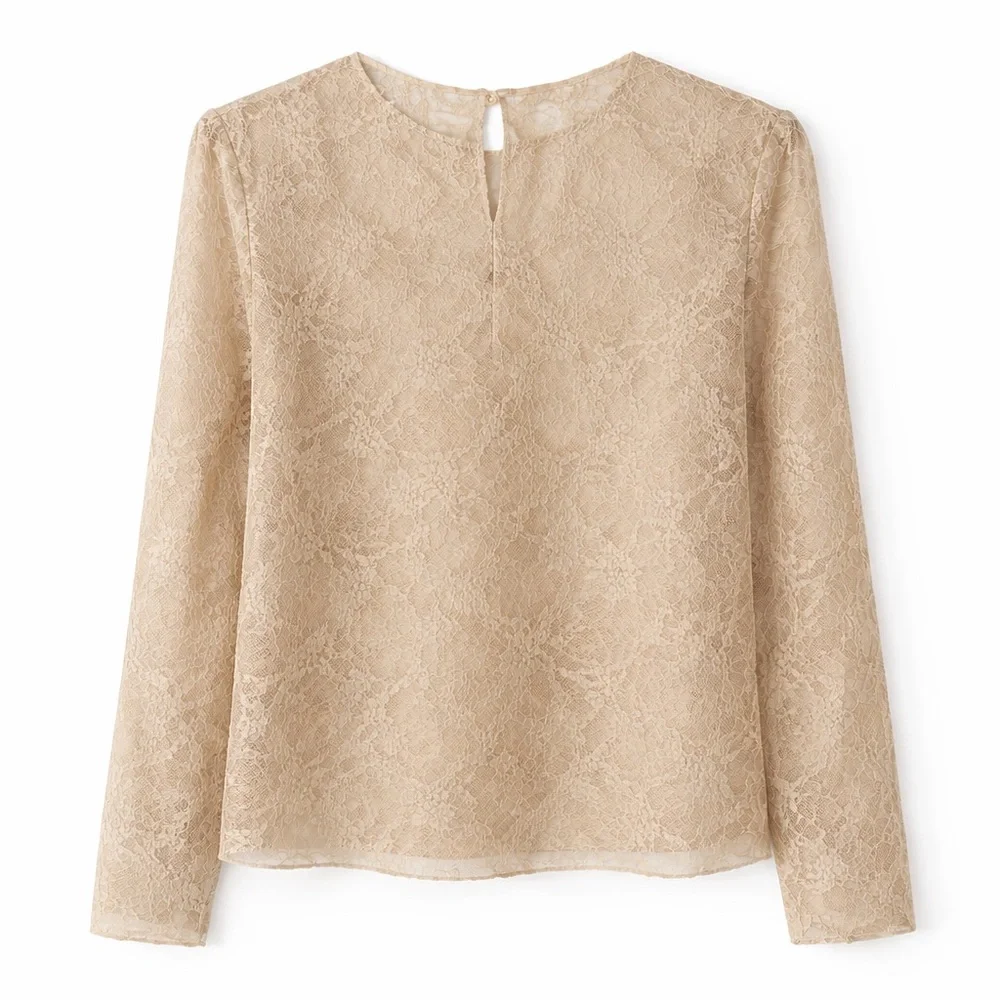 Christian Dior Beige Tan Lace Long-Sleeve 100% Silk Top, Size US 8 - Picture 2 of 9